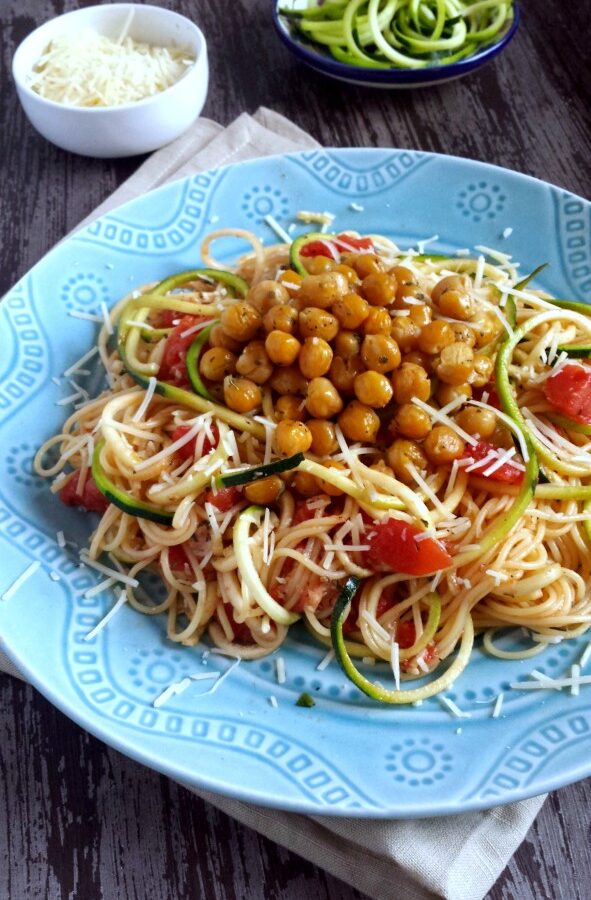 Lighter Capellini Pomodoro with Garlicky Roasted Chickpeas & Zoodles