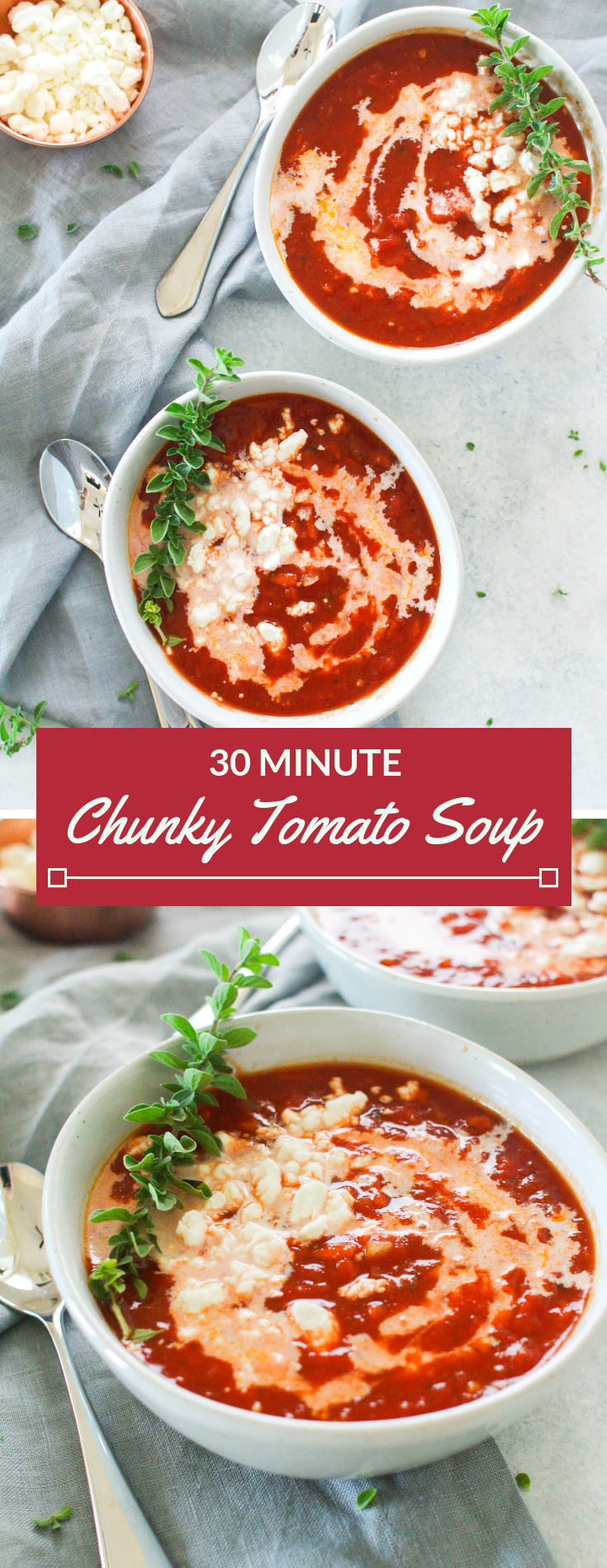 A thirty minute tomato soup that's sure to please everyone on a busy weeknight! Full of hearty veggies like tomato, carrot and onion and topped with cream and melty goat cheese. 