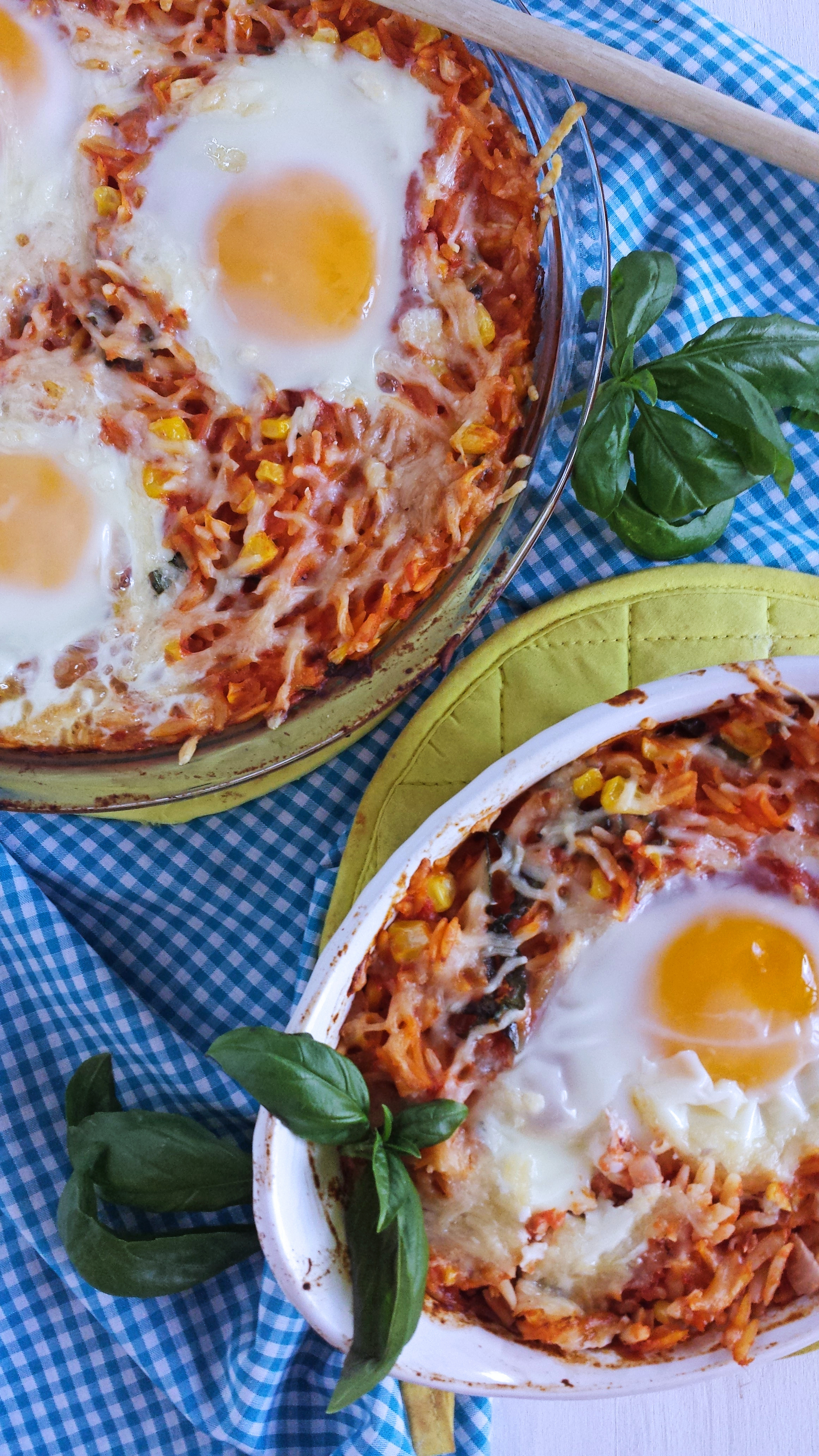 Creamy Orzo, Sweet Corn and Basil with Baked Eggs