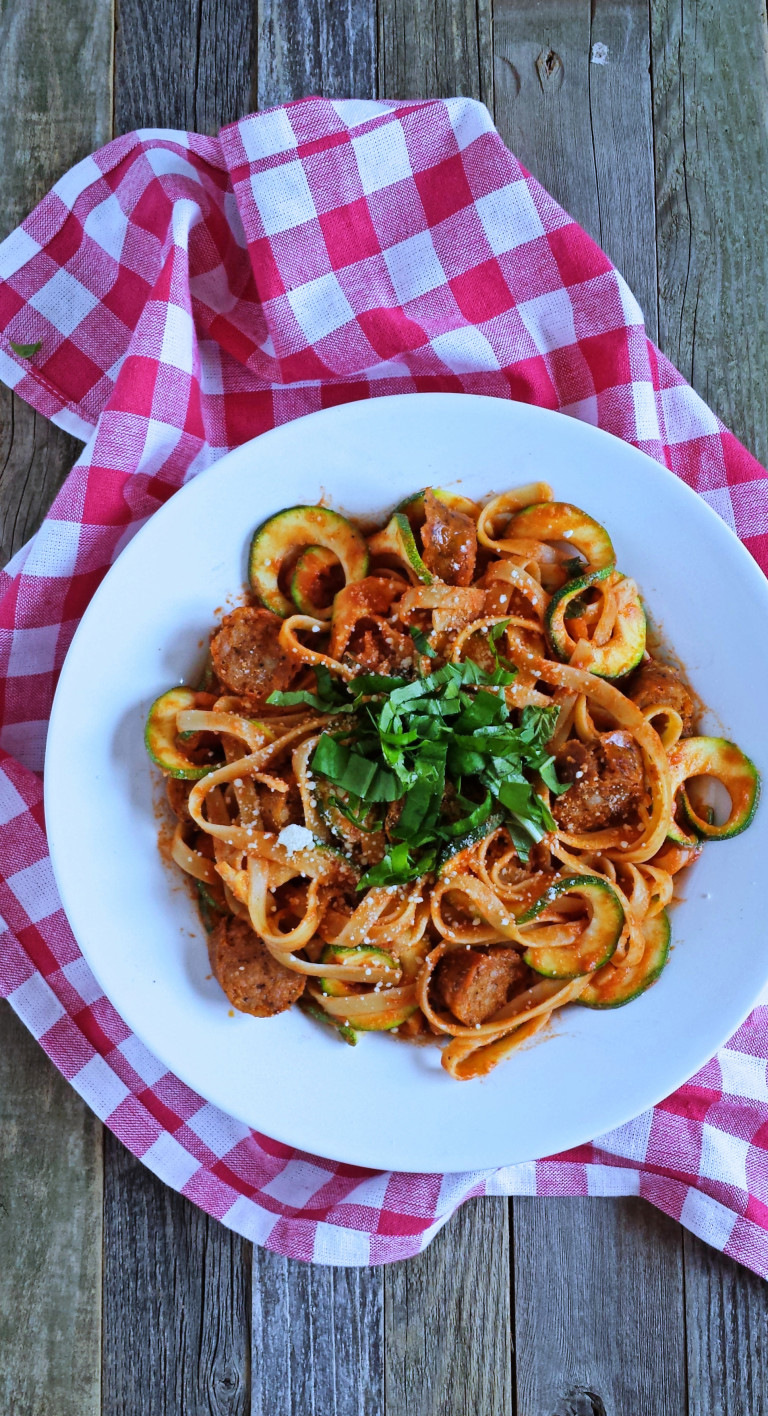 Creamy Tomato Basil Fettuccine with Zucchini & Spicy Italian Sausage