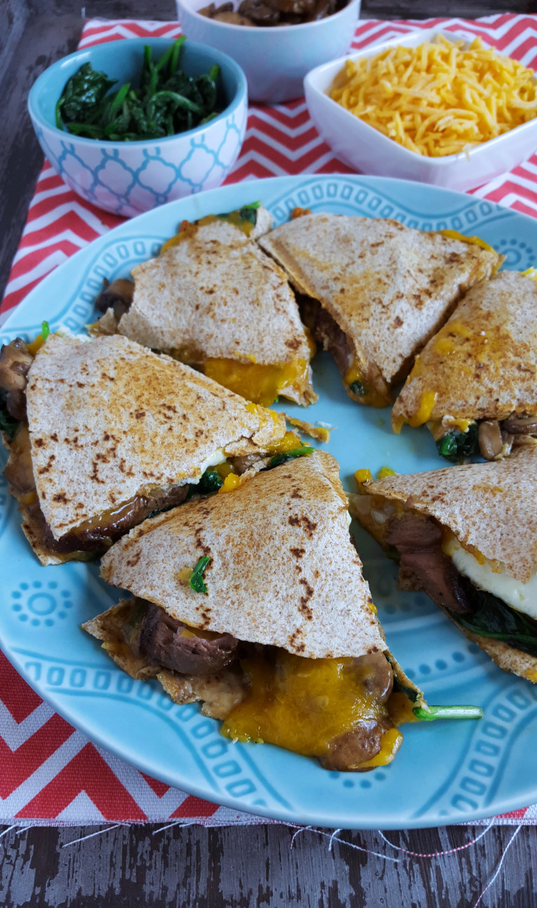 Pan-Seared Sirloin Quesadilla with Spinach, Mushrooms & Fried Eggs