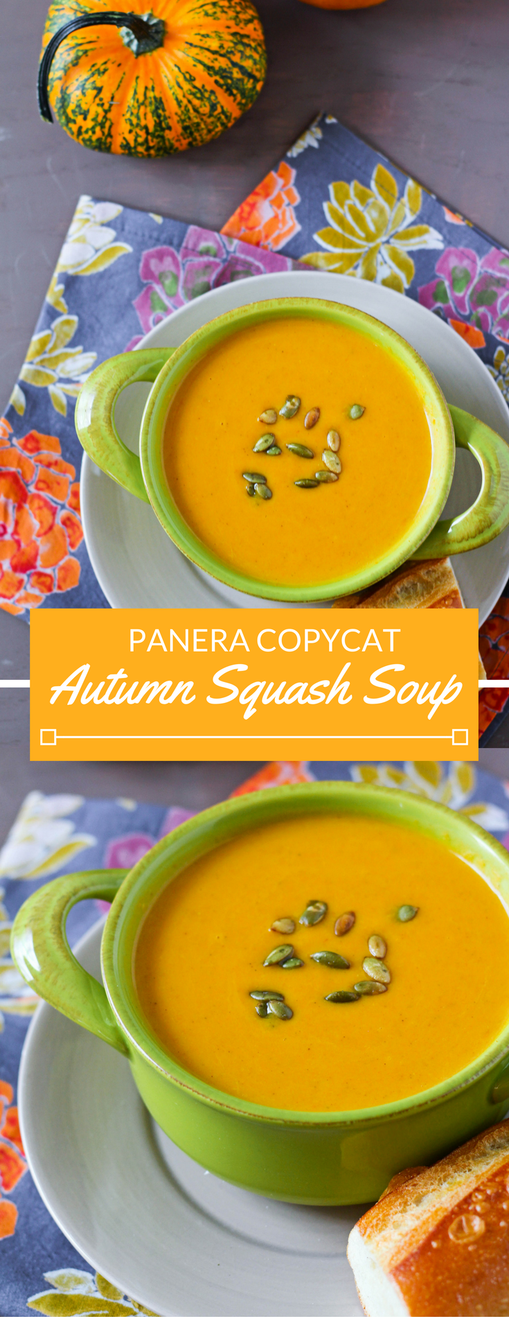 This Autumn Squash Soup is a copycat recipe of Panera's delicious Fall inspired soup. Made with pumpkin puree, lots of herbs and spices, and a creamy both, this Autumn Squash Soup is warming and filling. 