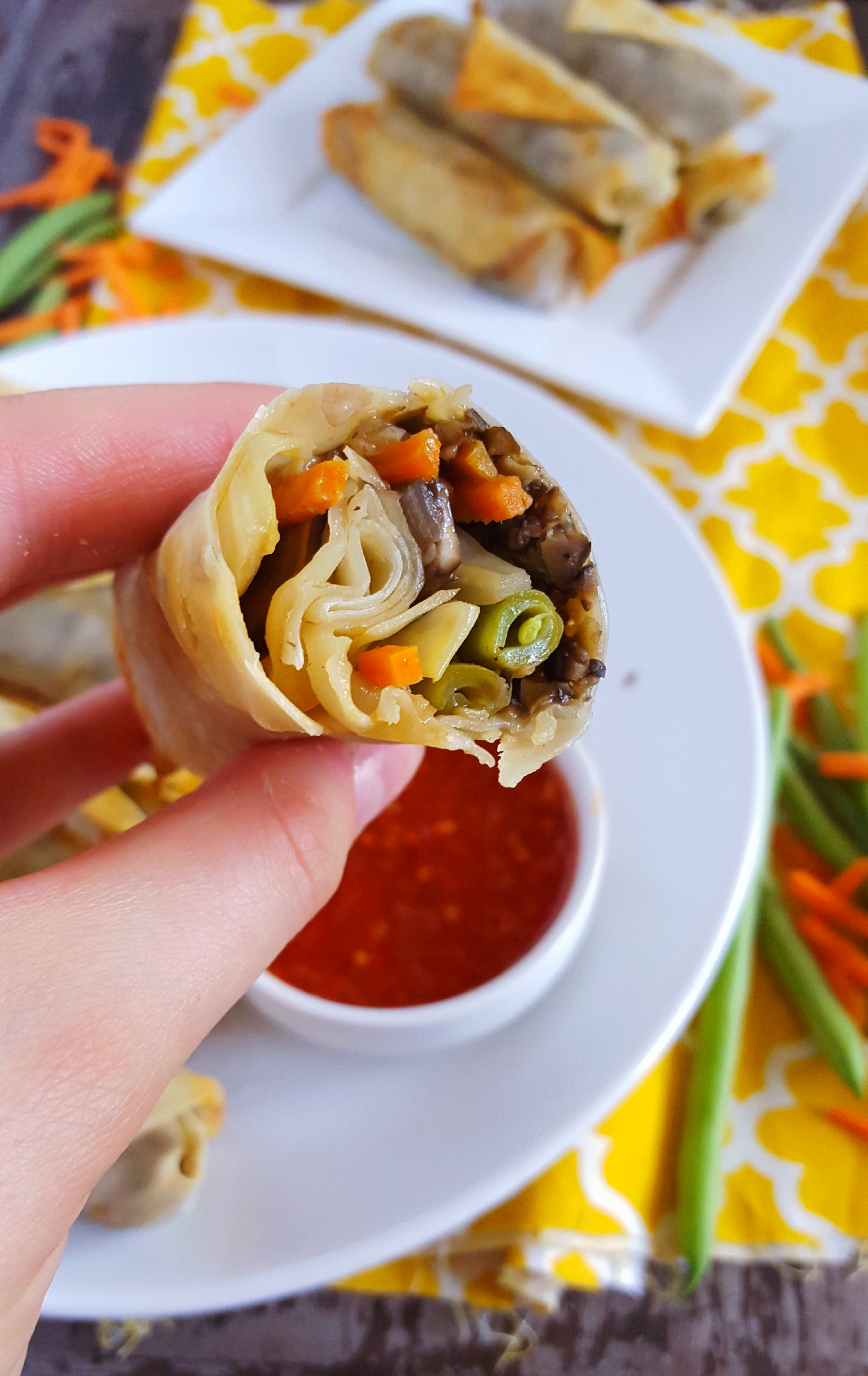 Baked Veggie Spring Rolls with Spicy Black Olive Tapenade