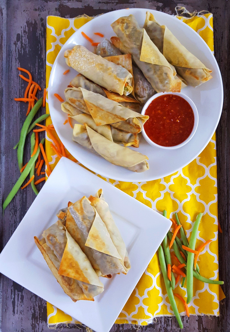Baked Veggie Spring Rolls with Spicy Black Olive Tapenade