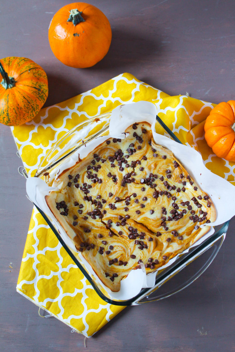 Chocolate Chip Pumpkin Swirl Cheesecake Bars