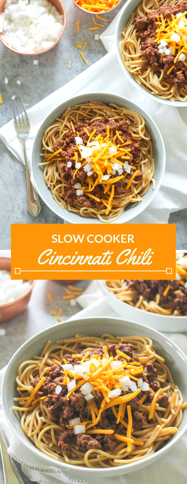 Famous in the Midwest, Cincinnati Chili is a Mediterranean spiced meat sauce used as a topping for spaghetti and garnished with cheddar cheese and white onion. 
