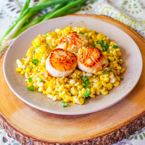 Seared Scallops With Creamy Corn,Ham Hock And Beans Soup
