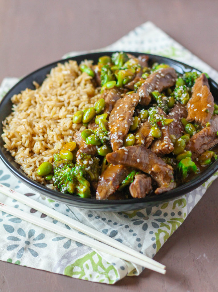 Make this easy beef and broccoli stir fry in less than 15 minutes! Way better than restaurant take-out and easier on the wallet. The addition of frozen, shelled edamame adds fiber, protein and heart-healthy fats! 