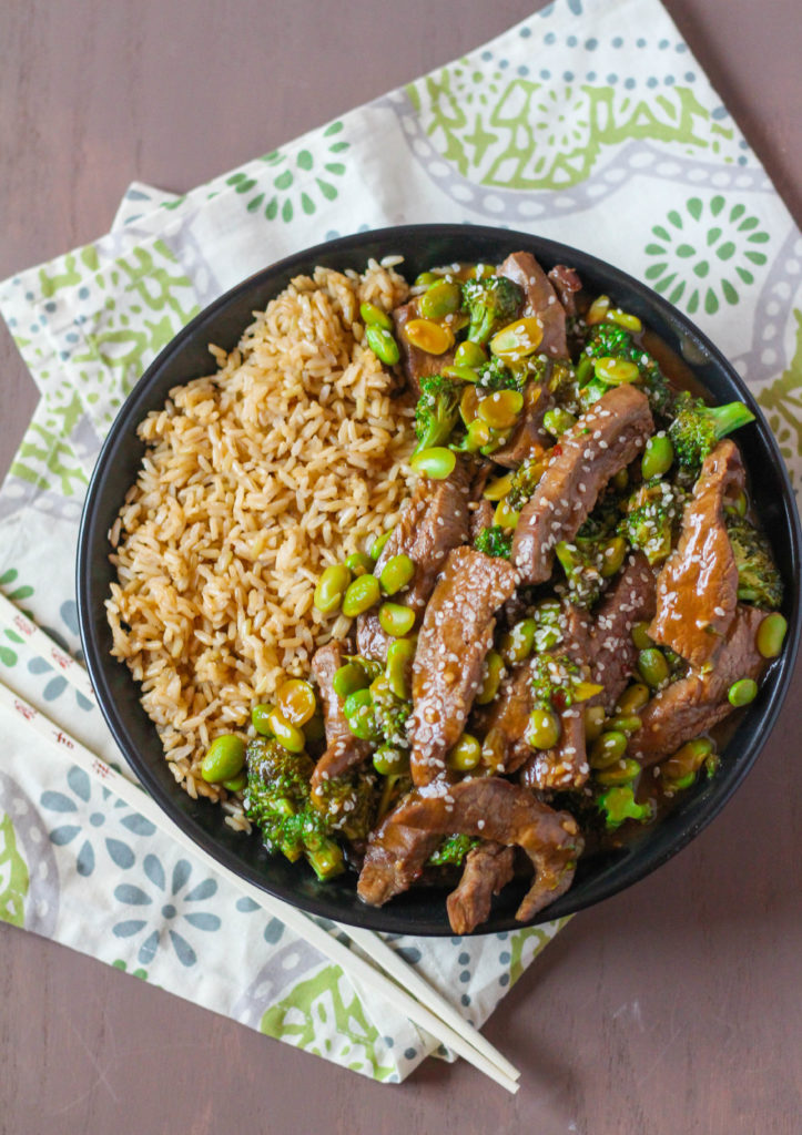 Make this easy beef and broccoli stir fry in less than 15 minutes! Way better than restaurant take-out and easier on the wallet. The addition of frozen, shelled edamame adds fiber, protein and heart-healthy fats! 