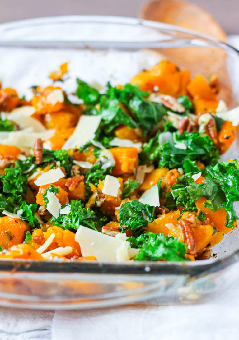 Roasted Butternut Squash with Kale, Pecans & Parmesan