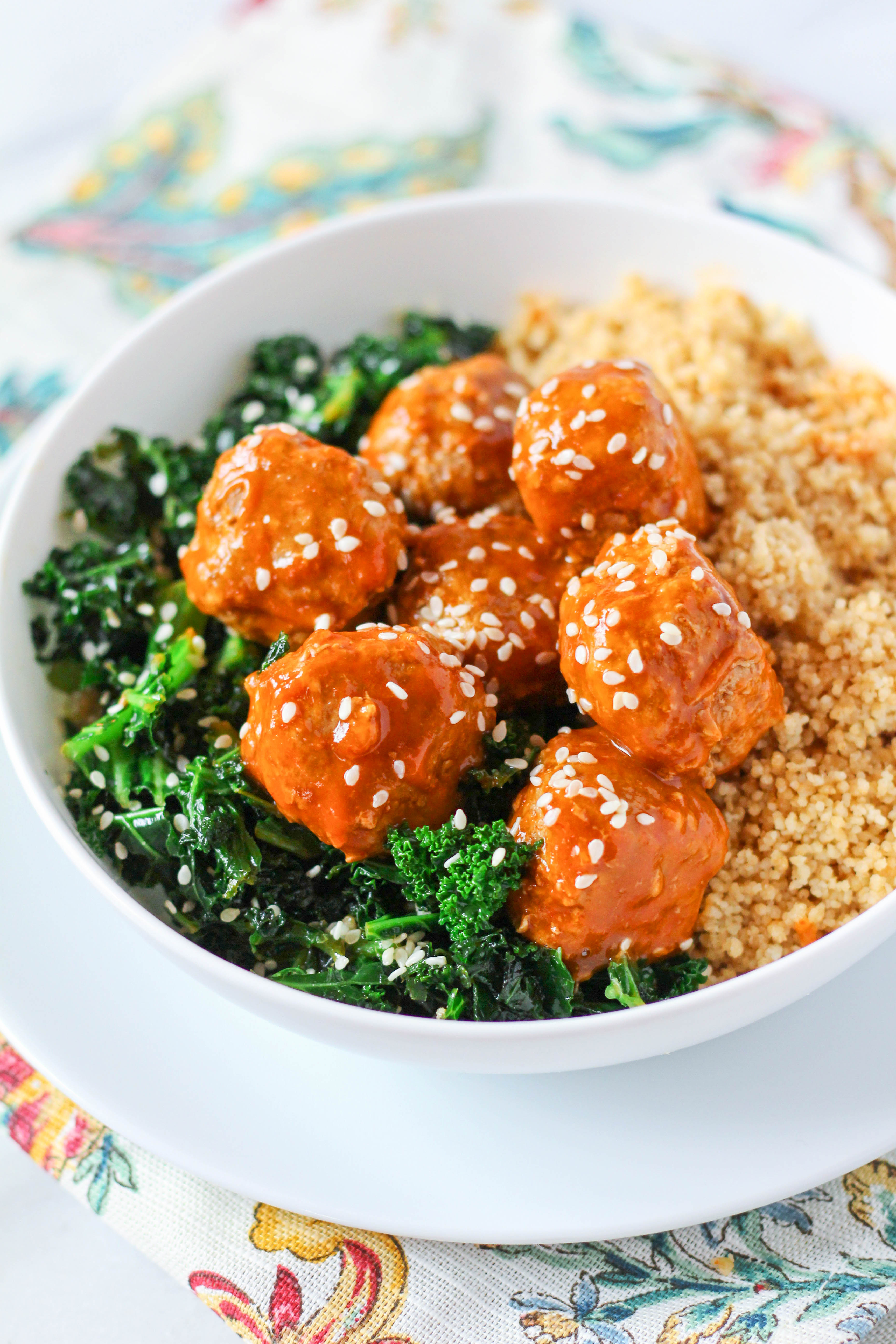 Sweet & Sour Turkey Meatballs with Sesame Kale and Couscous