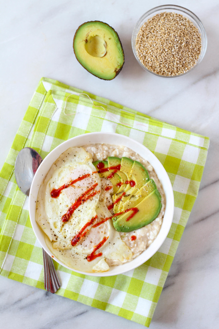 Cheesy Savory Steel Cut Oatmeal with Avocado & Fried Eggs Zen & Spice