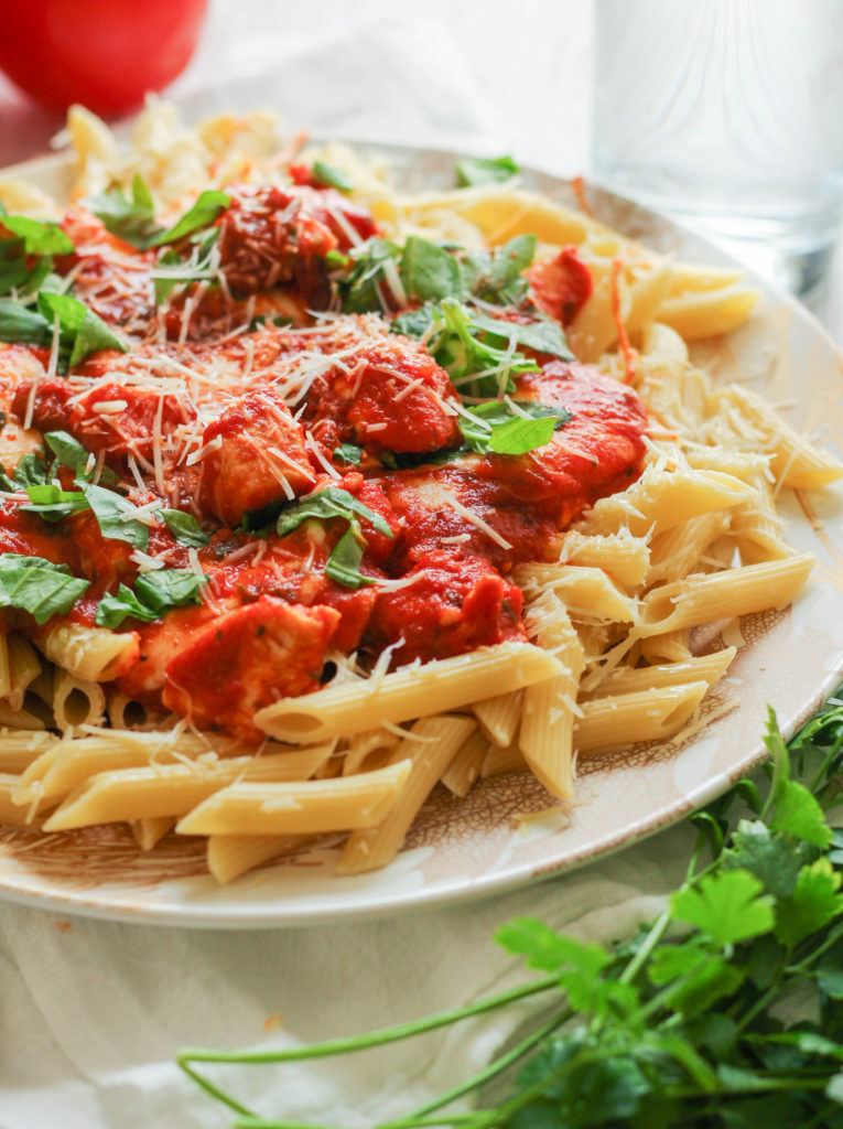 This delicious pasta makes a perfect weeknight meal -- tender penne pasta is covered in a mushroom marinara sauce with sauteed chicken breast and fresh, melty mozzarella! 