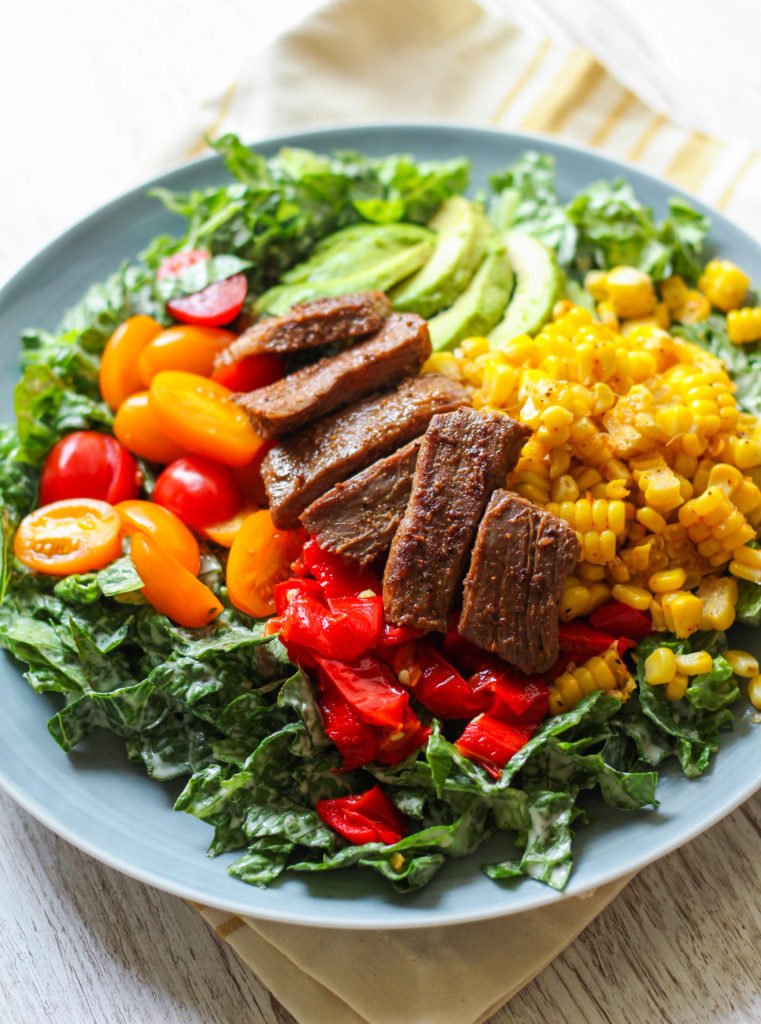 Flank Steak Salad with Roasted Corn and Peppers | Romaine salad | Avocado | Cherry tomatoes | Summer salad ideas | Healthy salad recipe