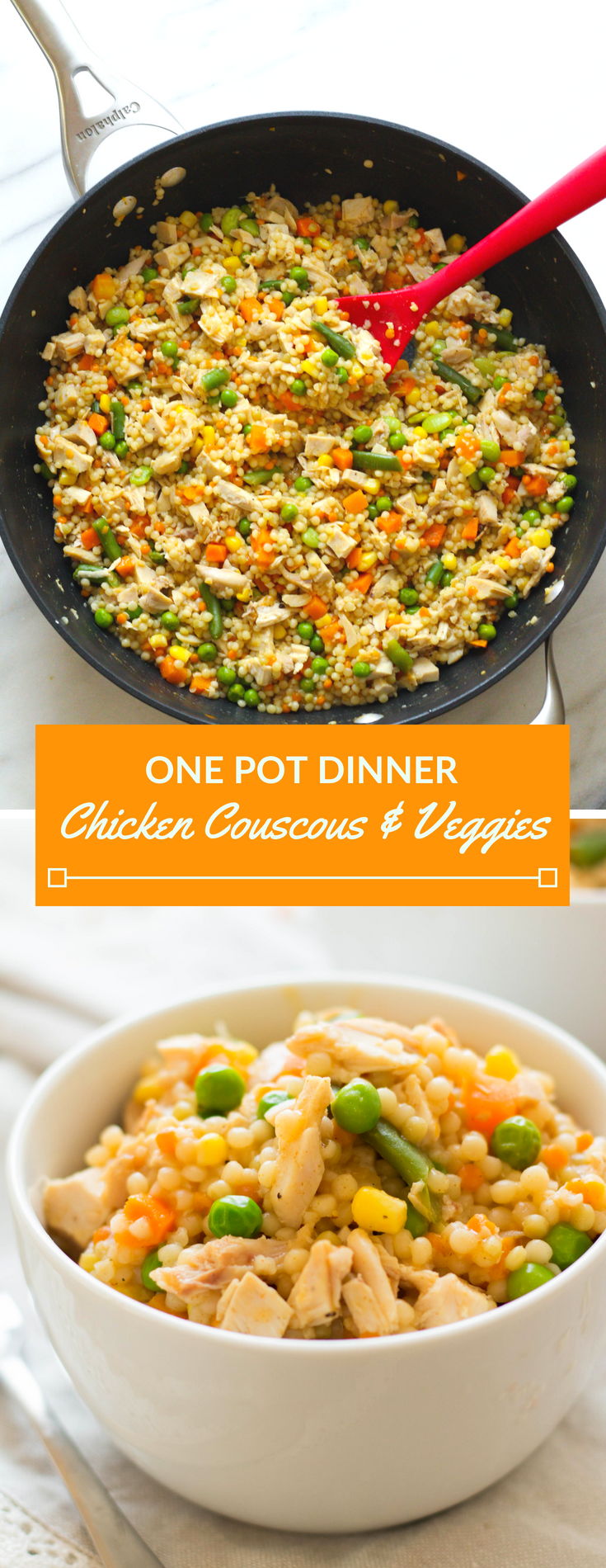 Pearled couscous chicken, simmered in broth with mixed veggies. An easy, delicious dinner that can be ready in less than 15 minutes.