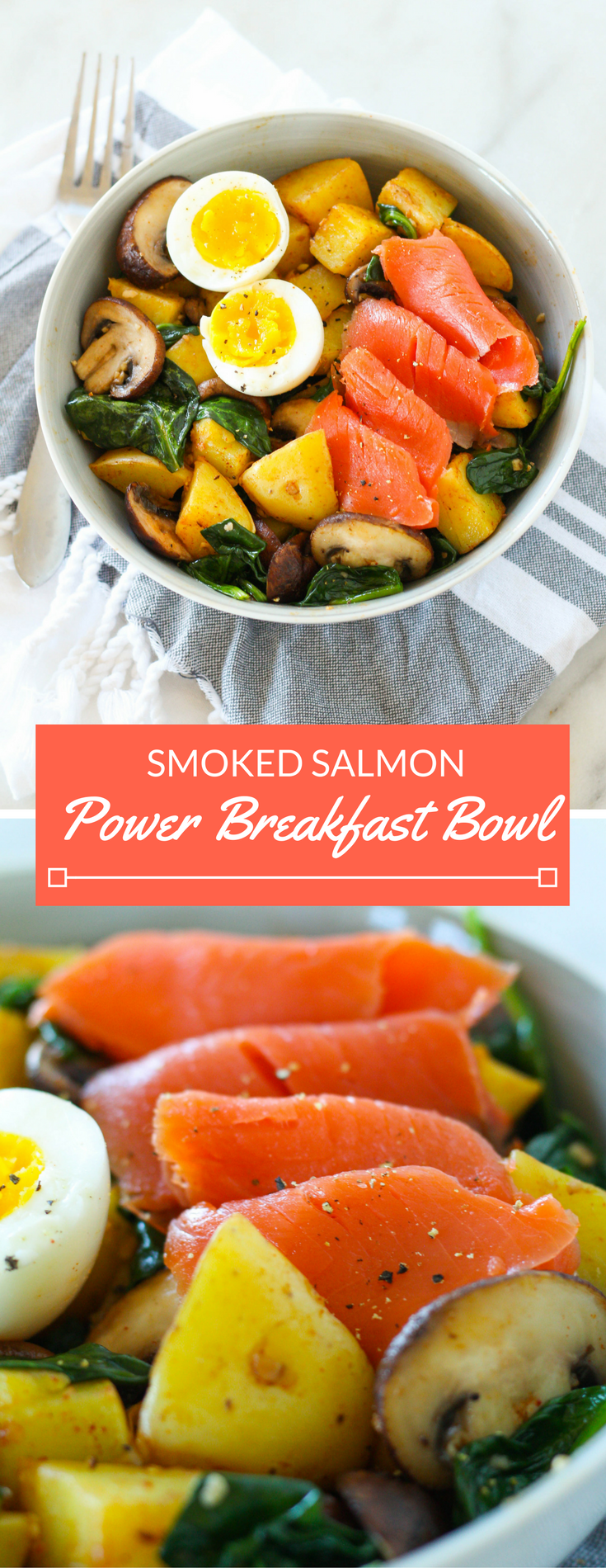 This protein packed smoked salmon power breakfast bowl is the perfect way to start your day! Fill up on fiber and vitamins from the veggies, healthy starch from the potatoes, and savory smoked salmon and an egg for protein. 