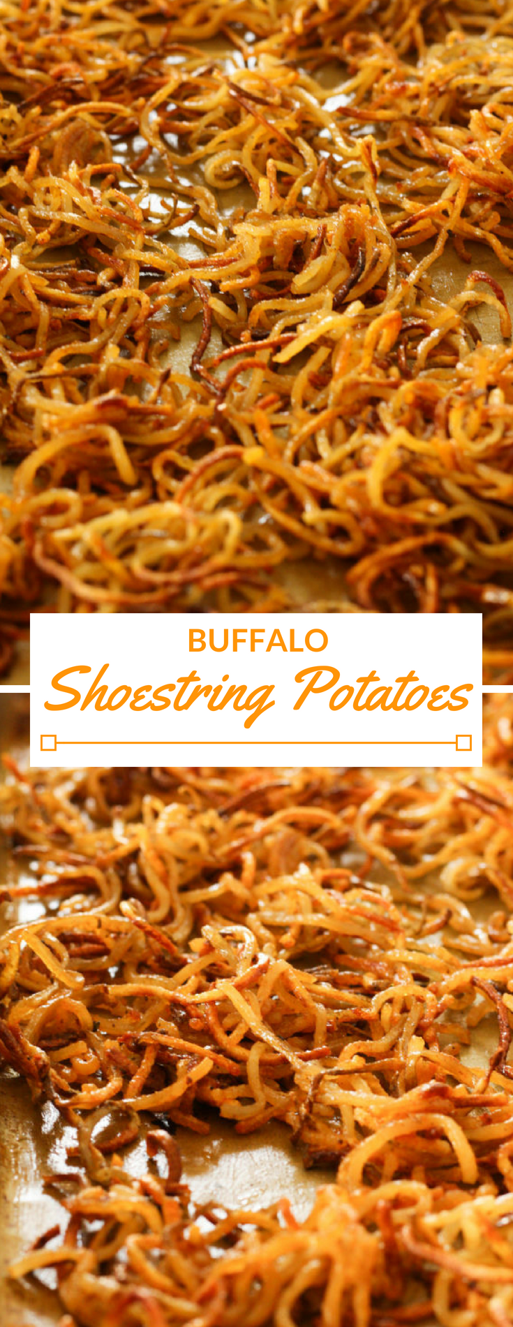 Buffalo shoestring potatoes are the perfect appetizer for your next get together! Spiralized potatoes crisp up quickly in the oven.