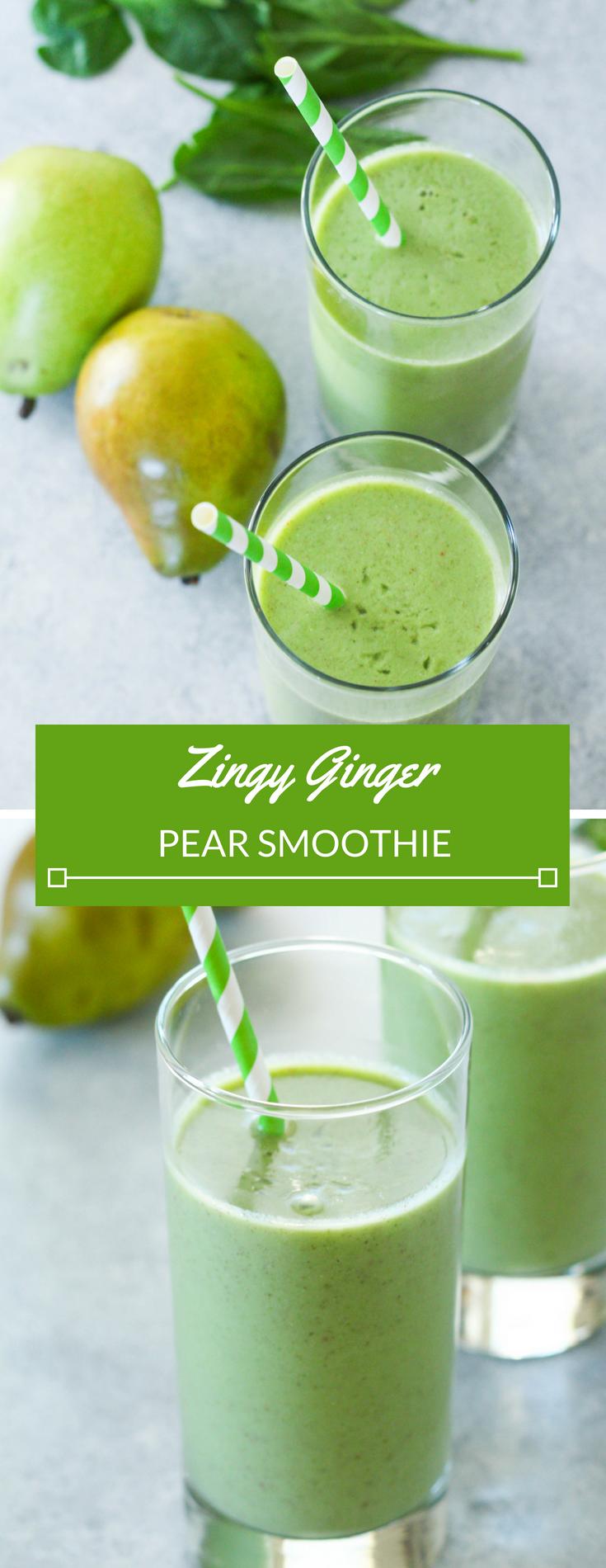  Crisp and sweet pears combine with tender baby spinach, Greek yogurt, and the zingy addition of juiced ginger. This Ginger Pear Smoothie is refreshing any time of the year! 