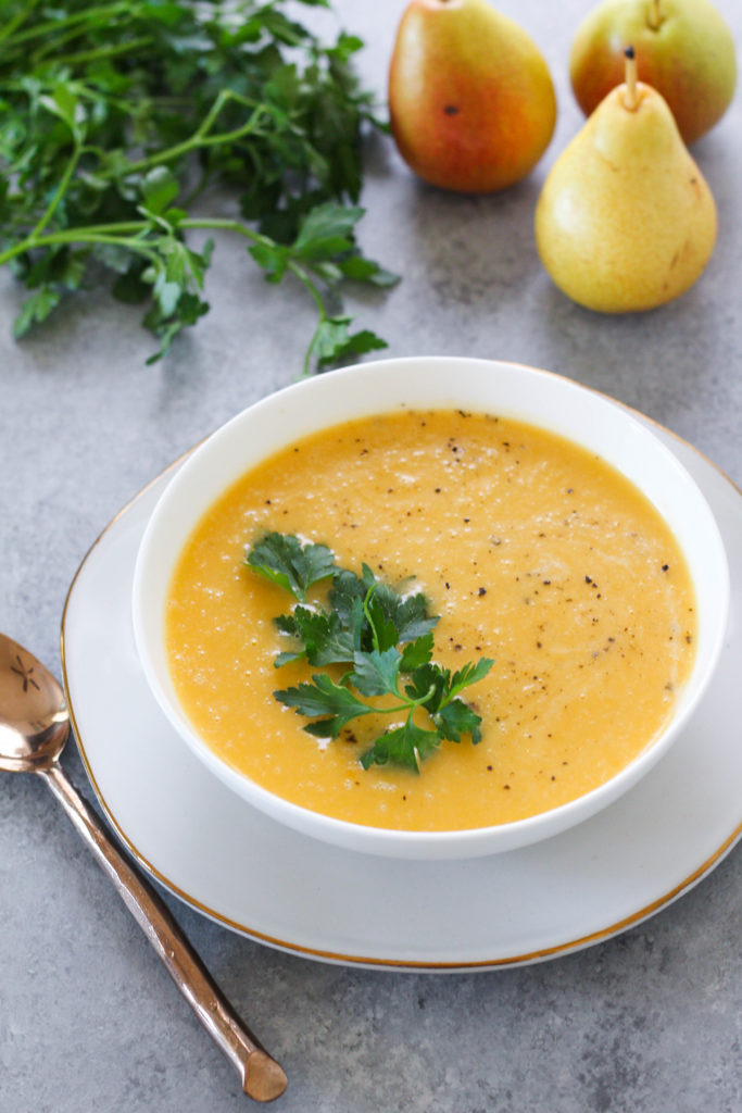 A warm and comforting soup perfect for chilly weather. You'll love this Roasted Butternut Squash and Pear Soup -- it's the perfect combination of sweet and savory. 