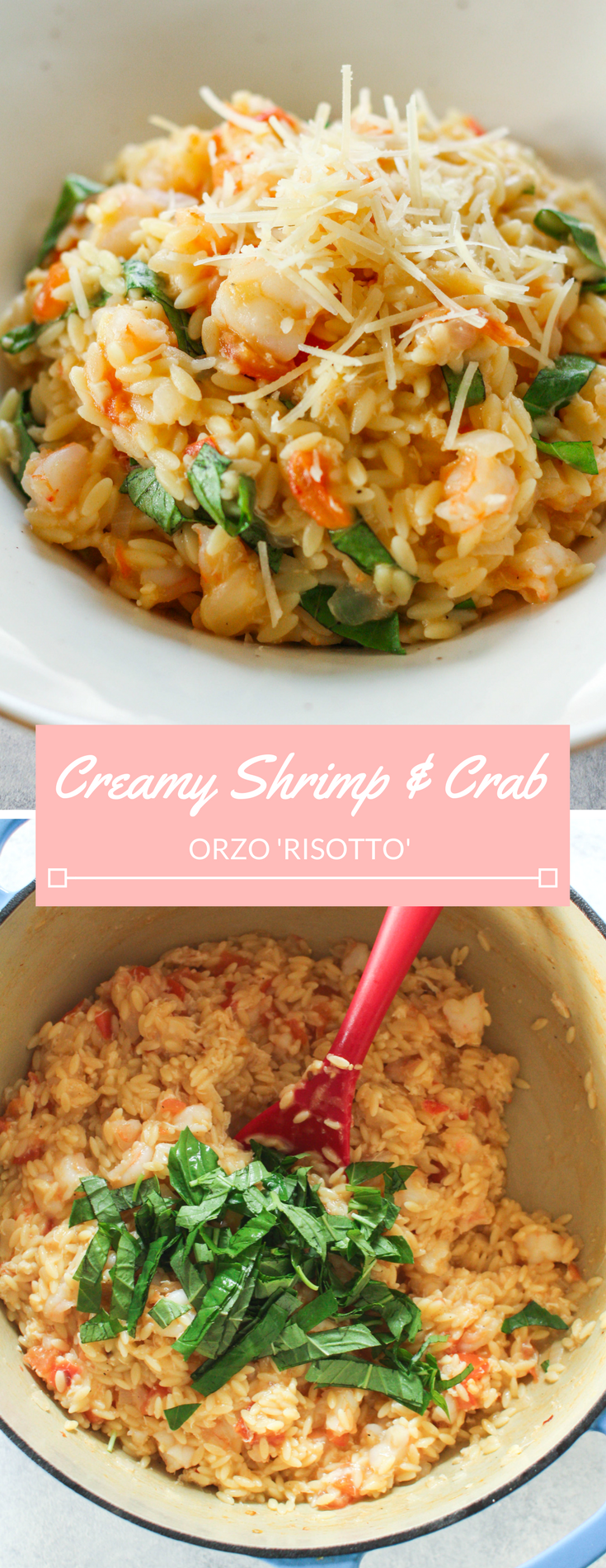  This Creamy Shrimp and Crab Risotto is a delicious weeknight or weekend dinner options. Toasted orzo pasta cooked until soft with broth, tomatoes, shrimp, lump crab, parmesan cheese and fresh julienned basil. 