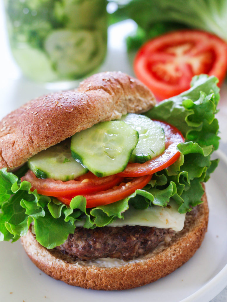 Mushroom Beef Burgers with Homemade Quick Dill Pickles