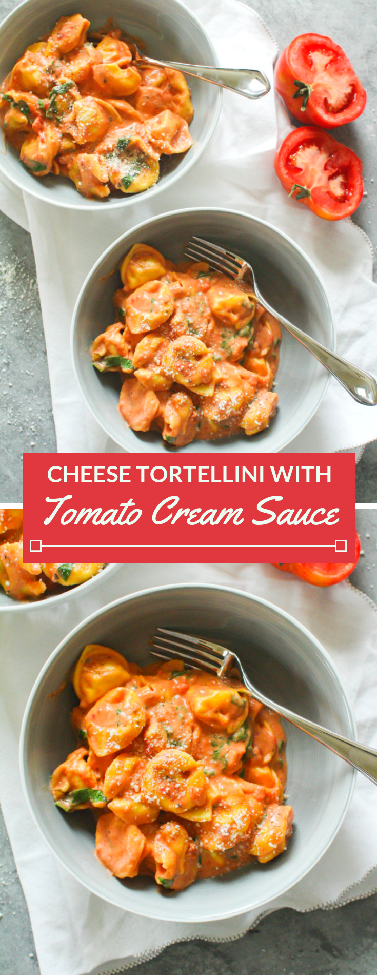 Cheese tortellini tossed in a creamy tomato sauce with plenty of salty Parmesan cheese and wilted baby spinach. 
