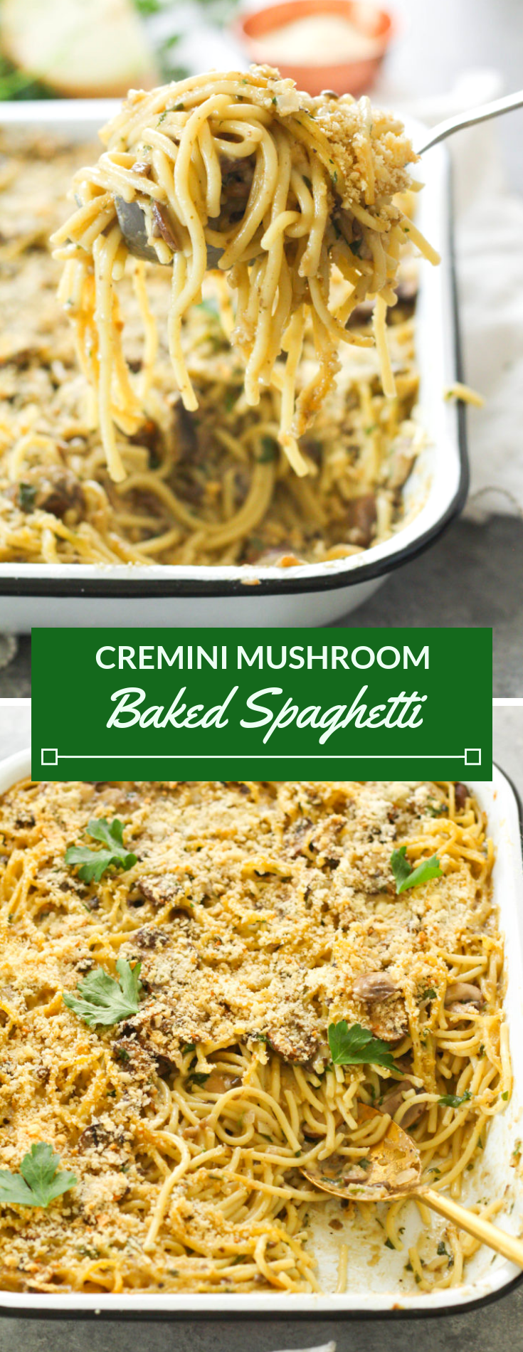 A comforting baked spaghetti dish with a creamy mushroom sauce, loaded with savory fresh mushrooms and herbs, tender spaghetti noodles and topped with cheesy and crunchy panko breadcrumbs.