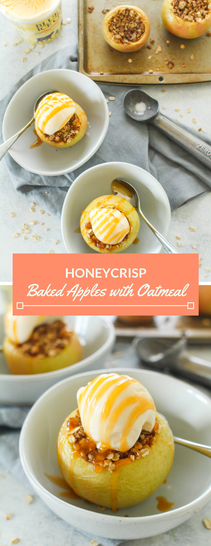 Sweet and juicy honeycrisp apples are baked until soft, stuffed with a crunchy brown sugar, cinnamon and oatmeal filling. These baked apples are a perfect Fall dessert topped with vanilla ice cream and a caramel drizzle. 