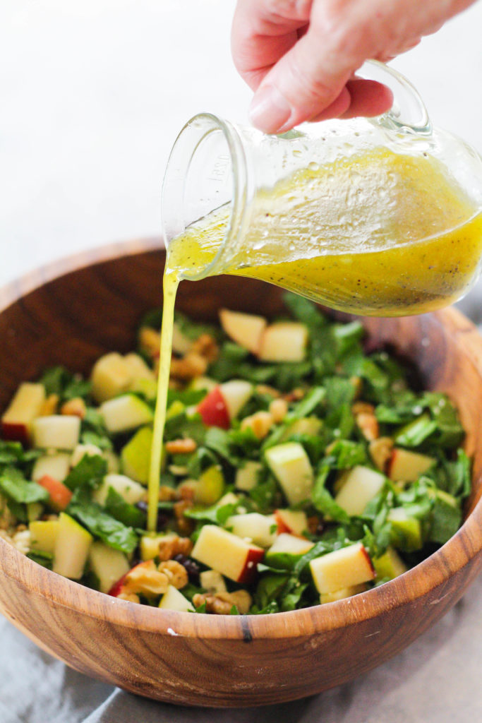 Tender baby spinach, crunchy apples and pears, salty walnuts and briny feta cheese tossed in a sweet and tangy lemon poppy seed dressing. This winter fruit salad is just what you need after a heavy holiday meal! 