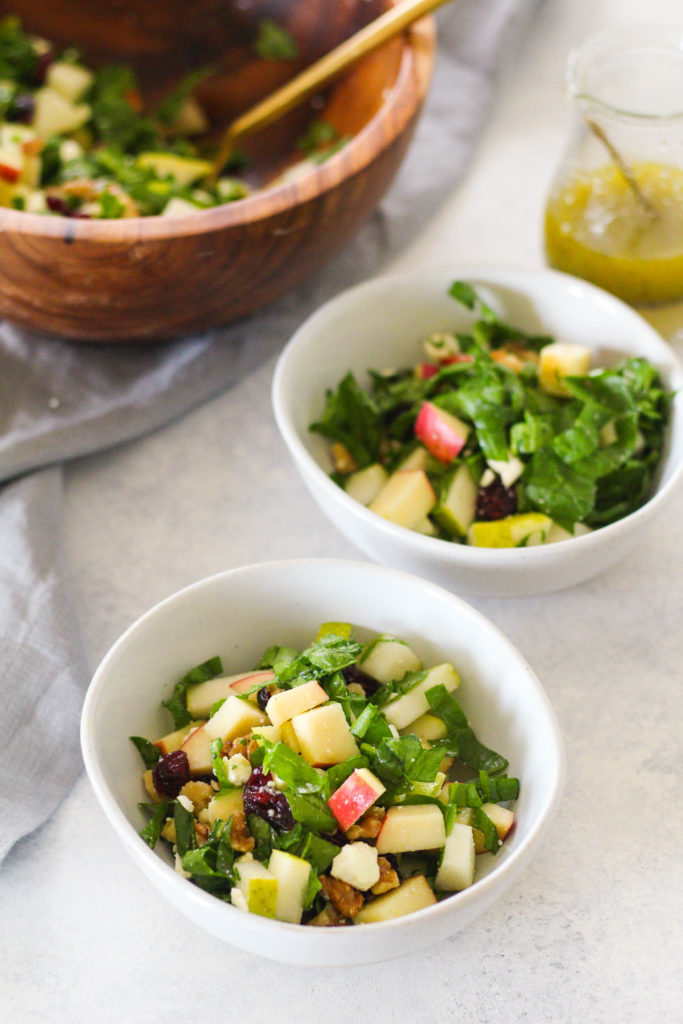 Tender baby spinach, crunchy apples and pears, salty walnuts and briny feta cheese tossed in a sweet and tangy lemon poppy seed dressing. This winter fruit salad is just what you need after a heavy holiday meal! 