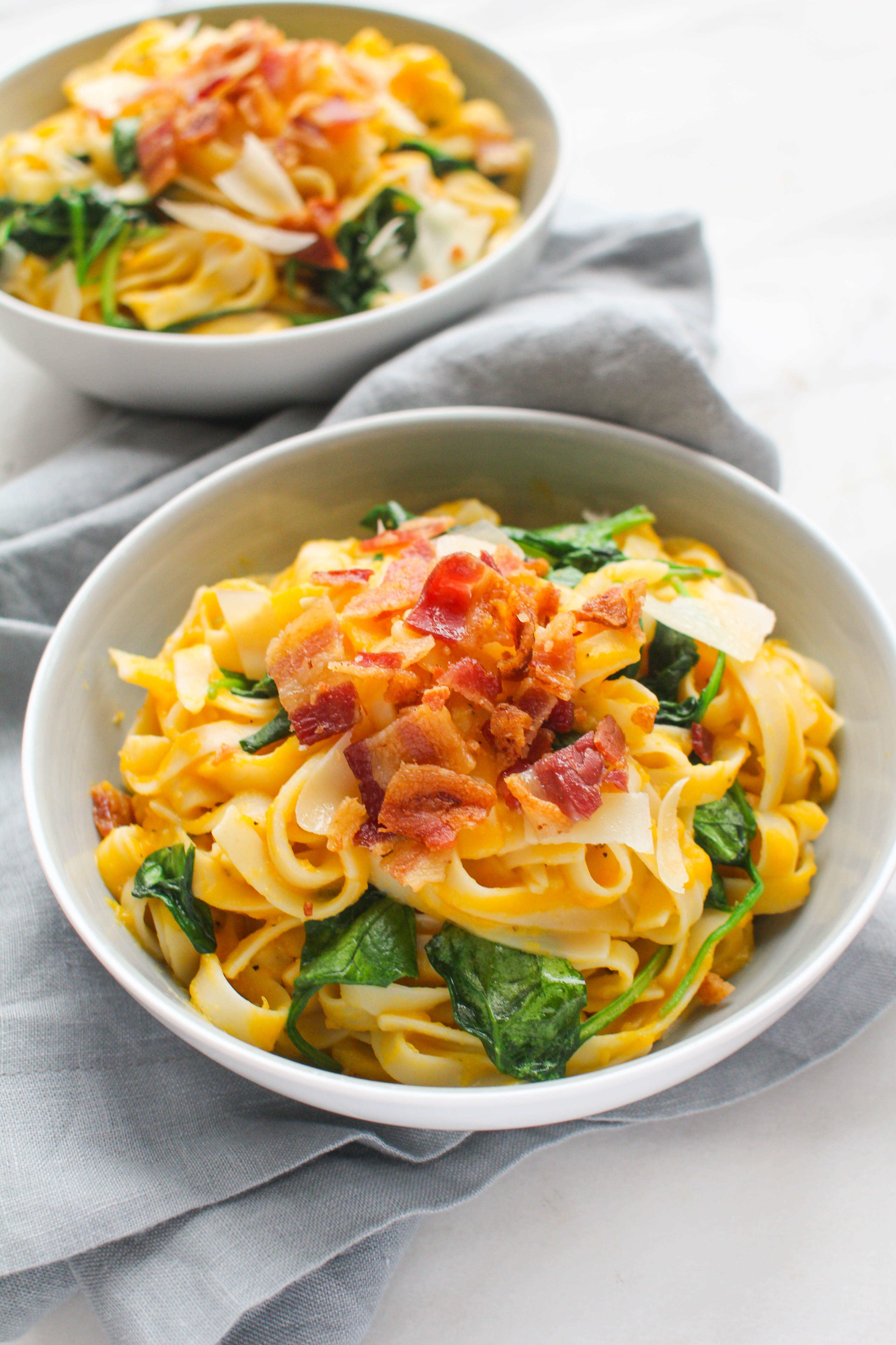 Butternut Squash Fettuccine with Garlicky Spinach and Bacon