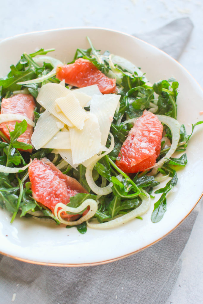 Slightly sour grapefruit, refreshing and crunchy fennel, tender baby arugula and salty Parmesan come together in this delicious winter salad (that can be enjoyed any time of the year!). 