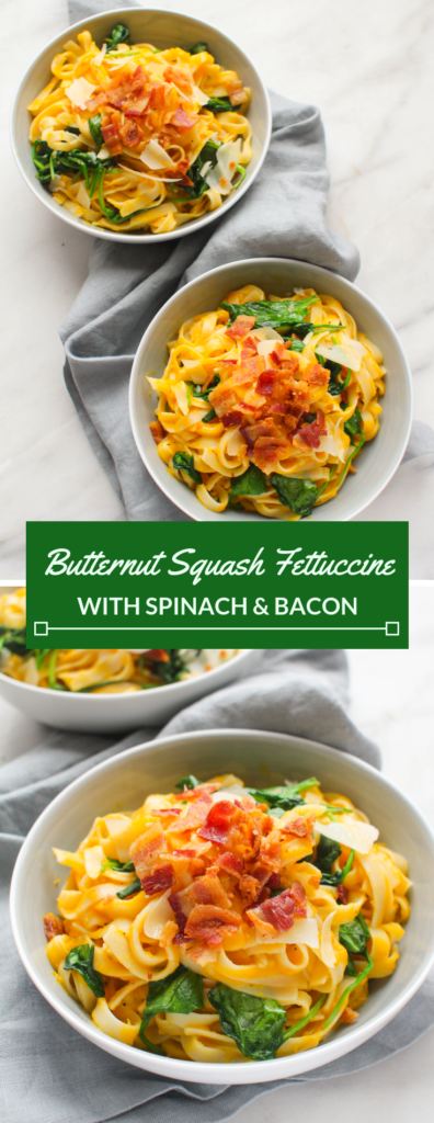 Tender butternut squash is pureed along with broth, spices and Parmesan cheese to create the base of this salty and savory pasta dish. Baby spinach is folded in for a delicious color contrast and it's all topped with crunchy bacon!