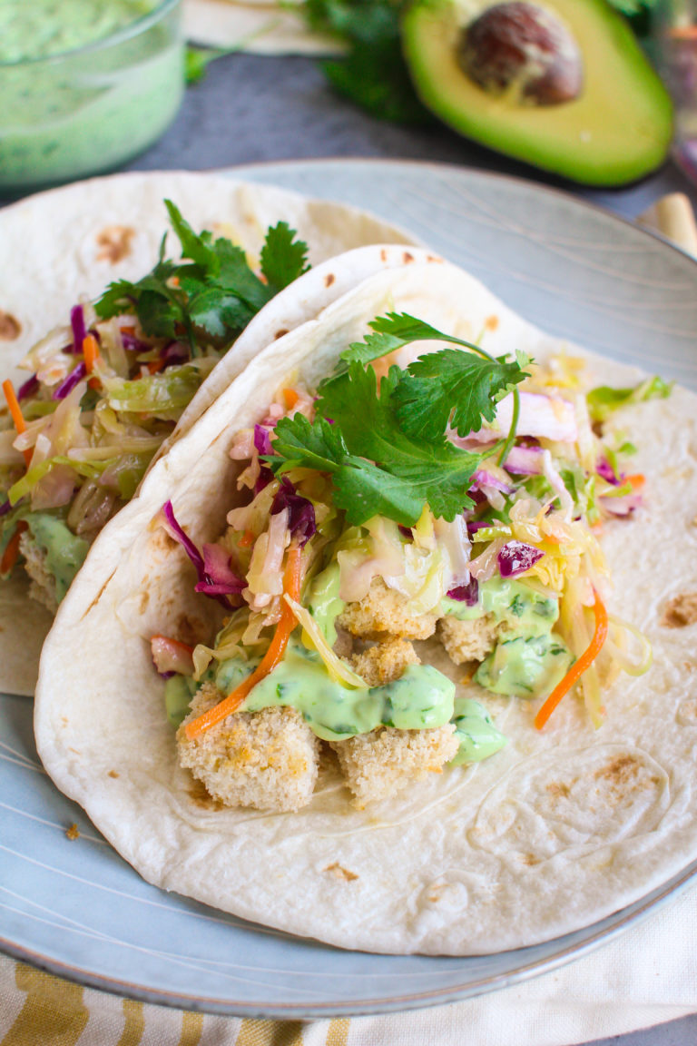 Crispy Tofu Tacos with Slaw & Avocado Crema