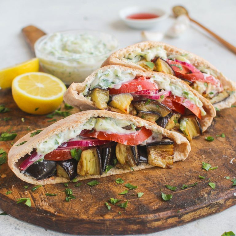 Roasted Eggplant Pitas with Tzatziki & Quick Pickled Onion