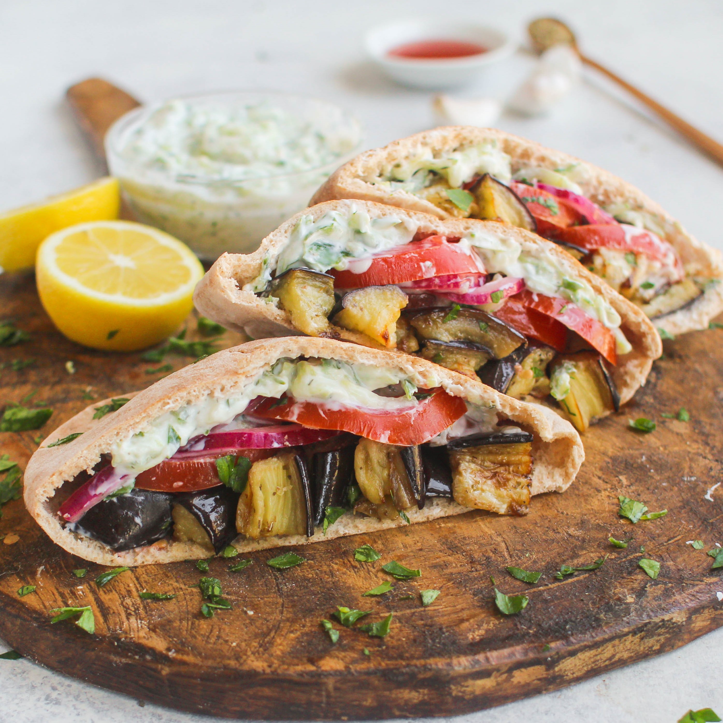 Roasted Eggplant Pitas with Tzatziki & Quick Pickled Onion