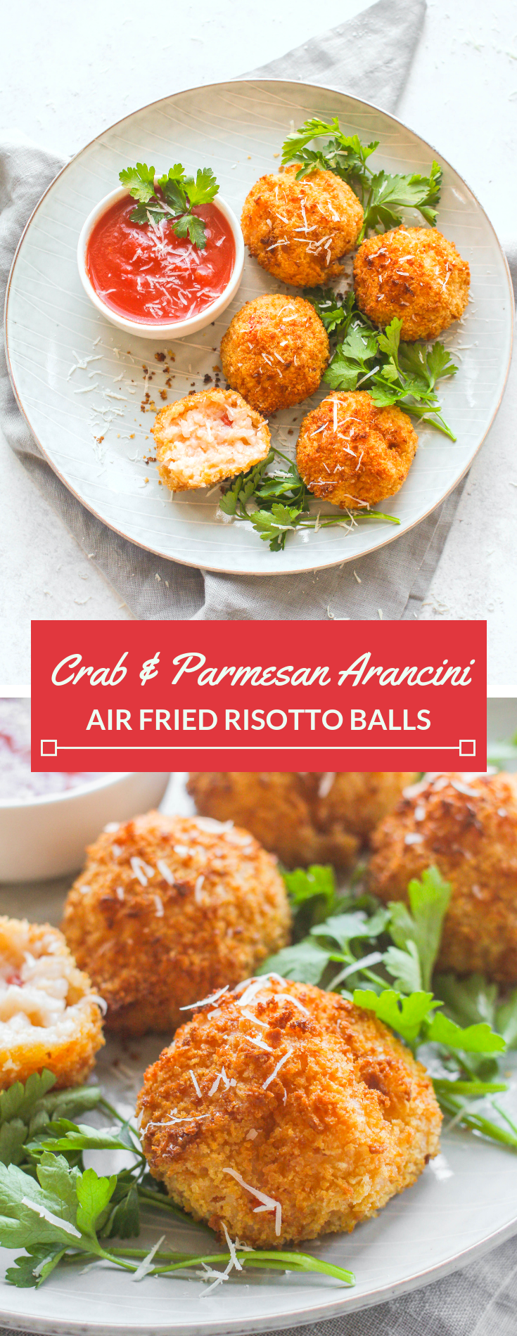 Traditionally made with leftover risotto, Arancini are deep fried risotto balls usually filled with cheese, hearty veggies and/or meat. Today's recipe highlights a creamy crab & parmesan risotto with a panko crust, healthfully fried in an air fryer. 