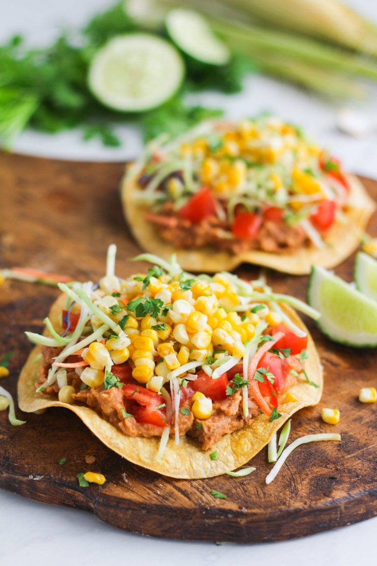 Vegan Roasted Corn & Bean Tostadas with Broccoli Slaw