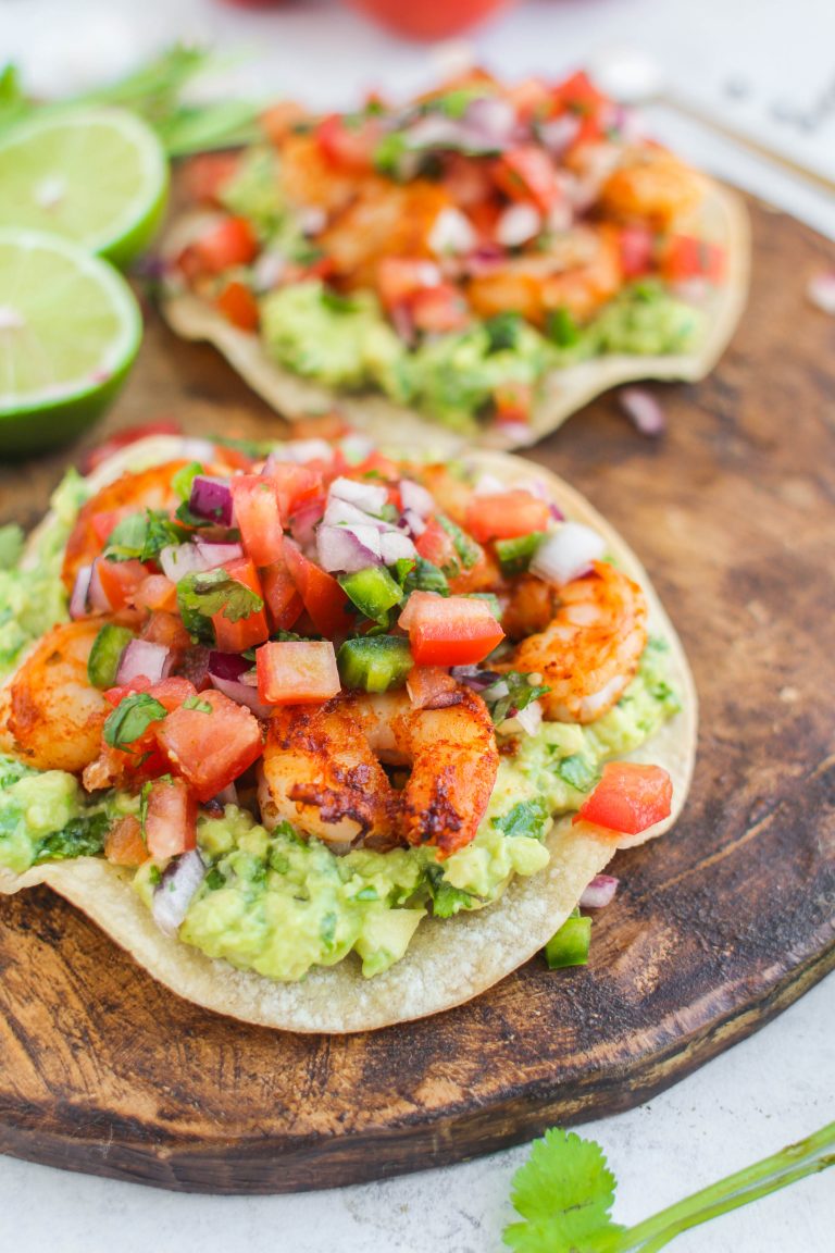 Grilled Shrimp Tostadas with Guacamole & Pico de Gallo