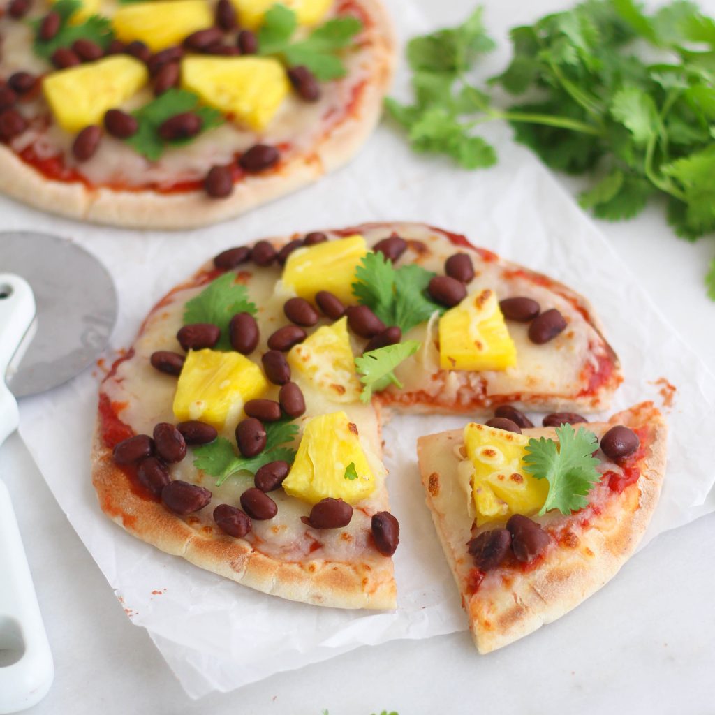 pita pizza with pineapple and black beans 