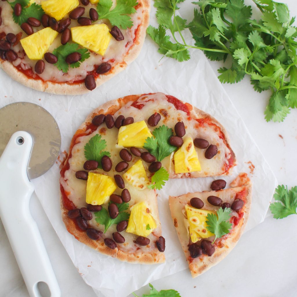 pita pizza with pineapple and black beans