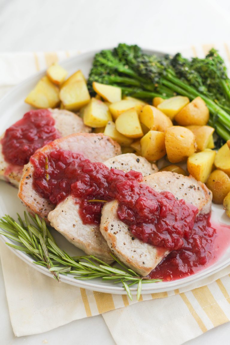 Pan Seared Pork Chops with Rosemary Plum Sauce, Roasted Potatoes & Broccolini