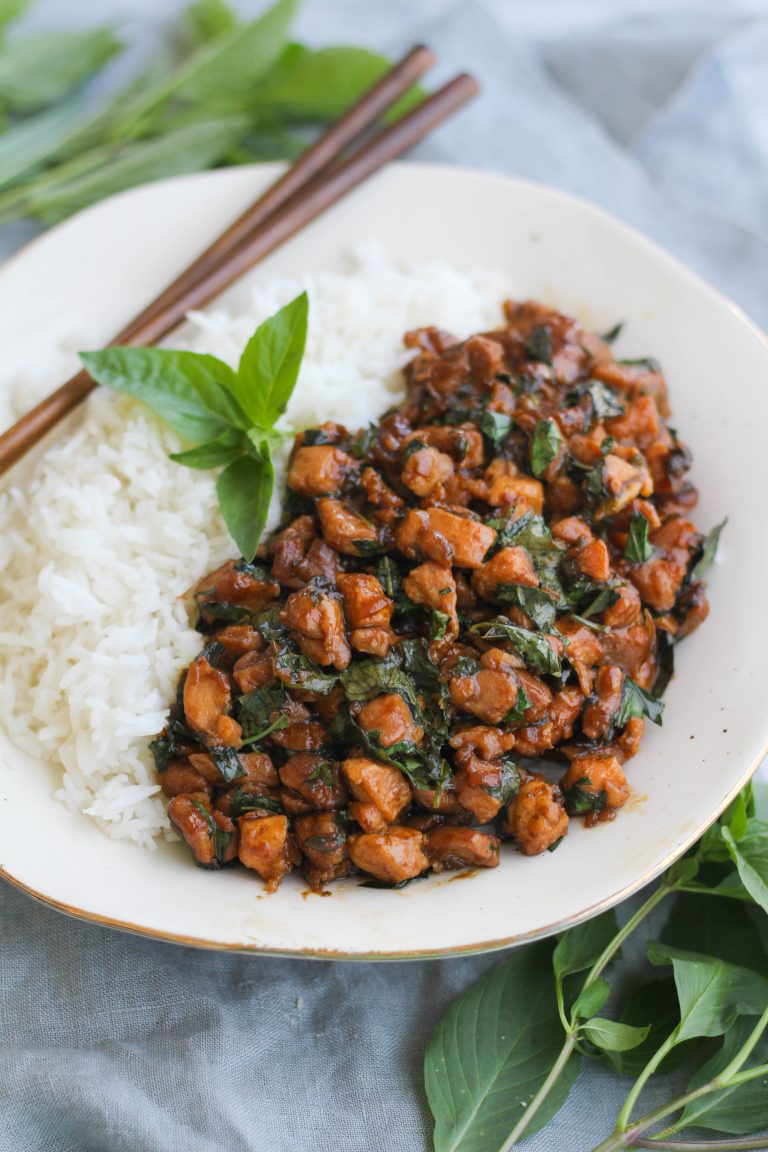 Spicy Thai Basil Chicken with Baby Spinach & Rice