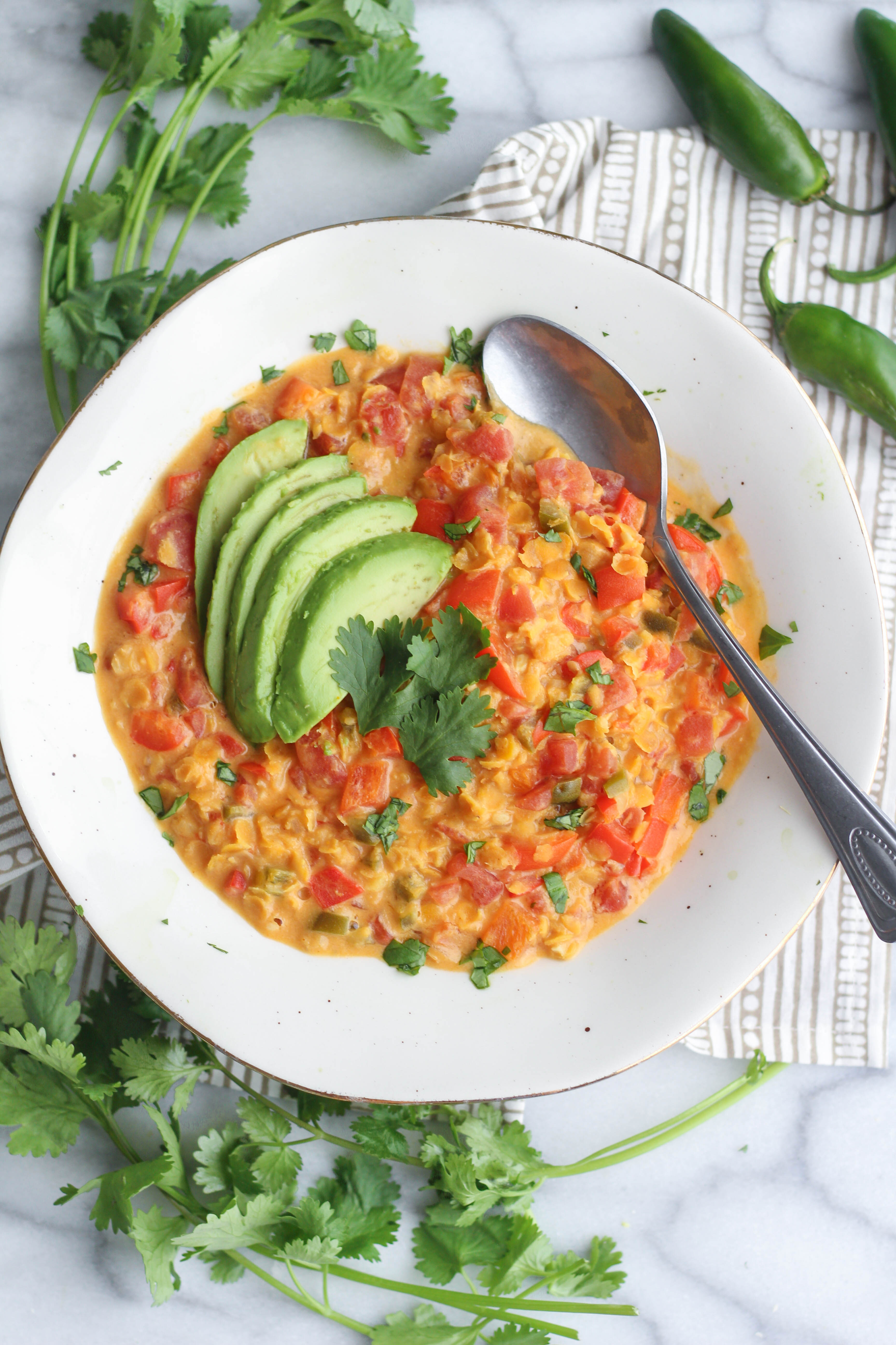 Red Lentil Coconut Curry with Peppers & Avocado