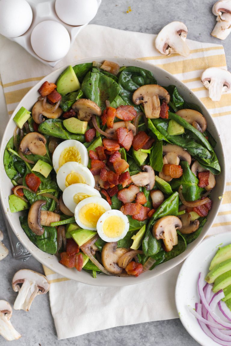 Warm Spinach Salad with Mushrooms, Avocado & Bacon Mustard Dressing