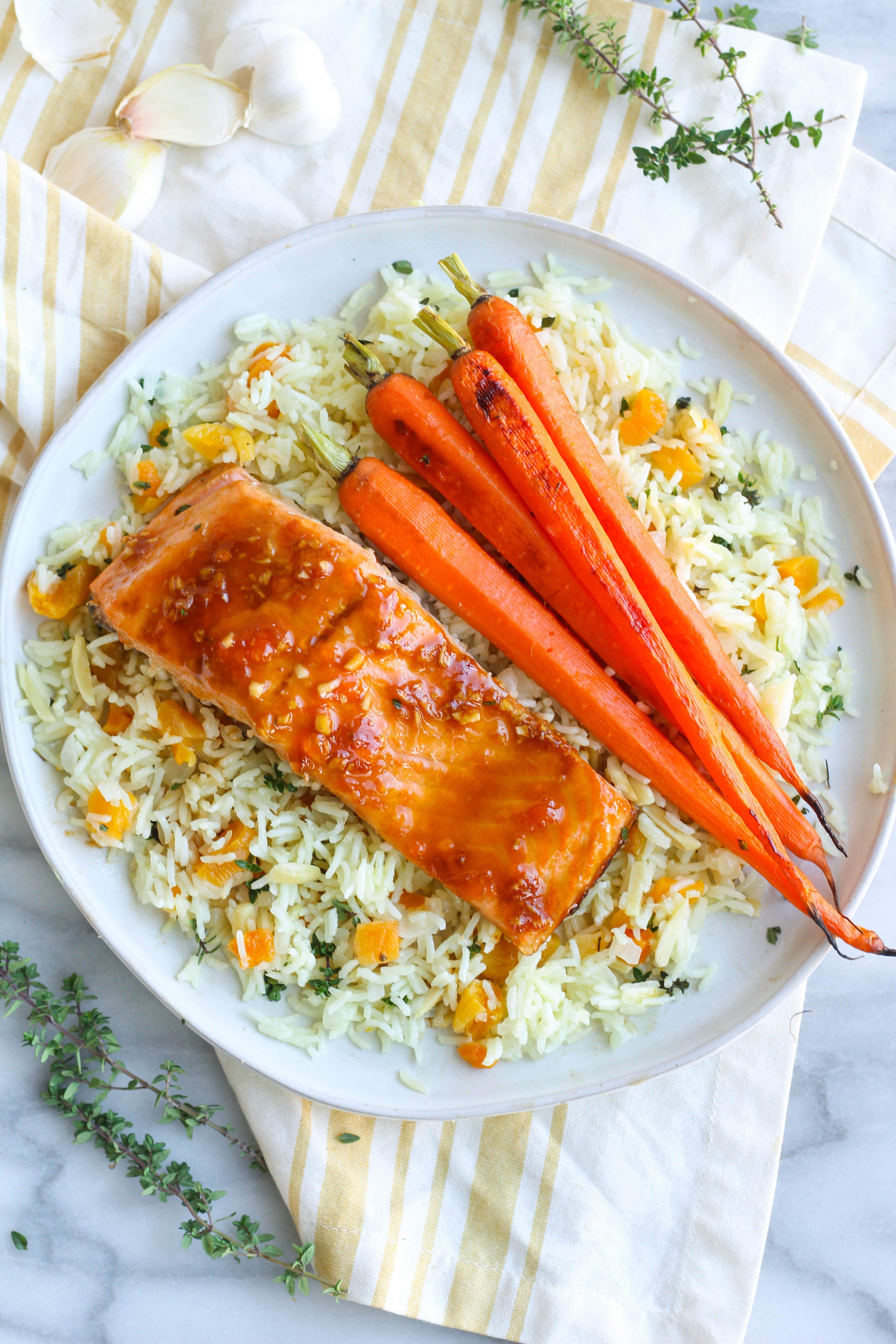 Apricot Ginger Salmon with Almond & Thyme Rice Pilaf