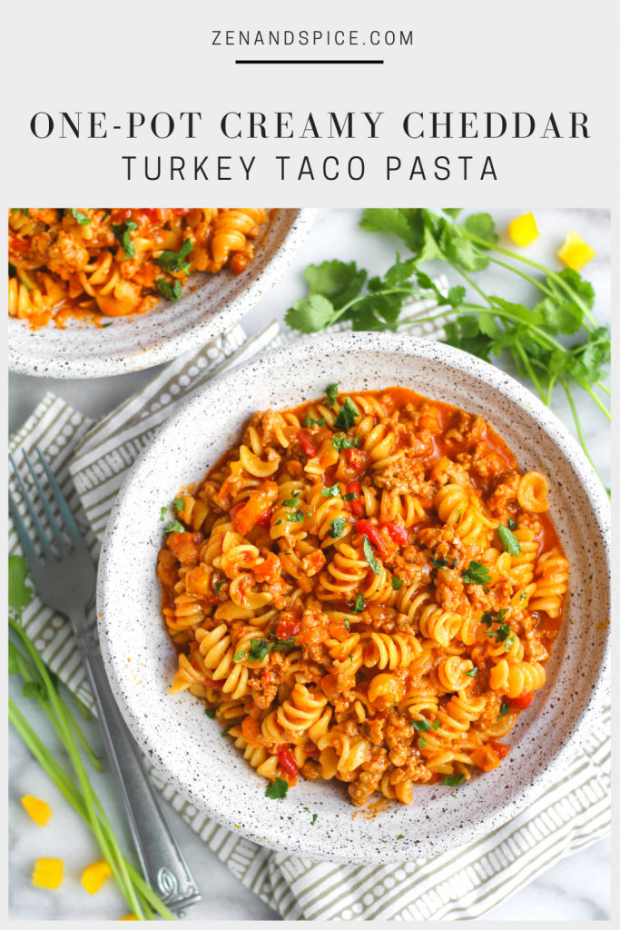 This one-pot turkey taco pasta comes together in less than 25 minutes! Full of savory vegetables, lean protein, and melty cheddar cheese, this one-pot turkey taco pasta will be a hit any night of the week! 