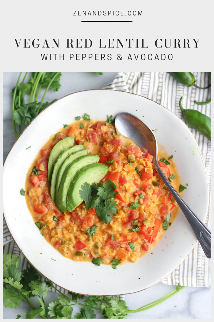 Another one-pot wonder! This red lentil curry comes together in less than 35 minutes and is the perfect cold-weather comfort food. Bell peppers, tomatoes, red lentils, and coconut milk simmered until tender, topped with avocado slices and fresh cilantro.