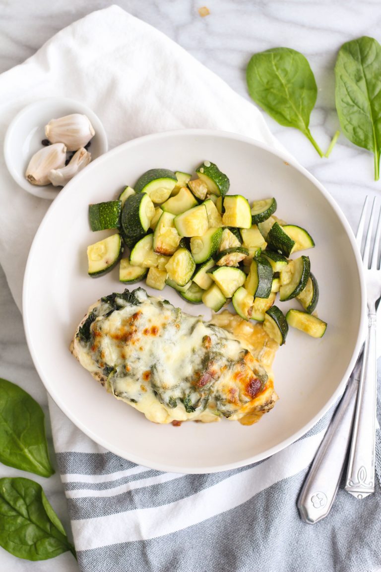 Two Cheese Spinach & Chicken Bake with Roasted Zucchini