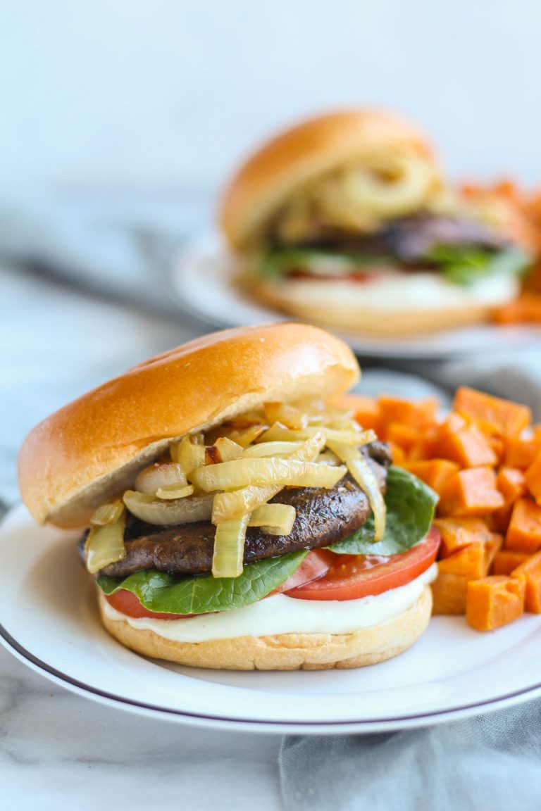 Balsamic Portobello Burgers with Caramelized Onions & Roasted Sweet Potatoes